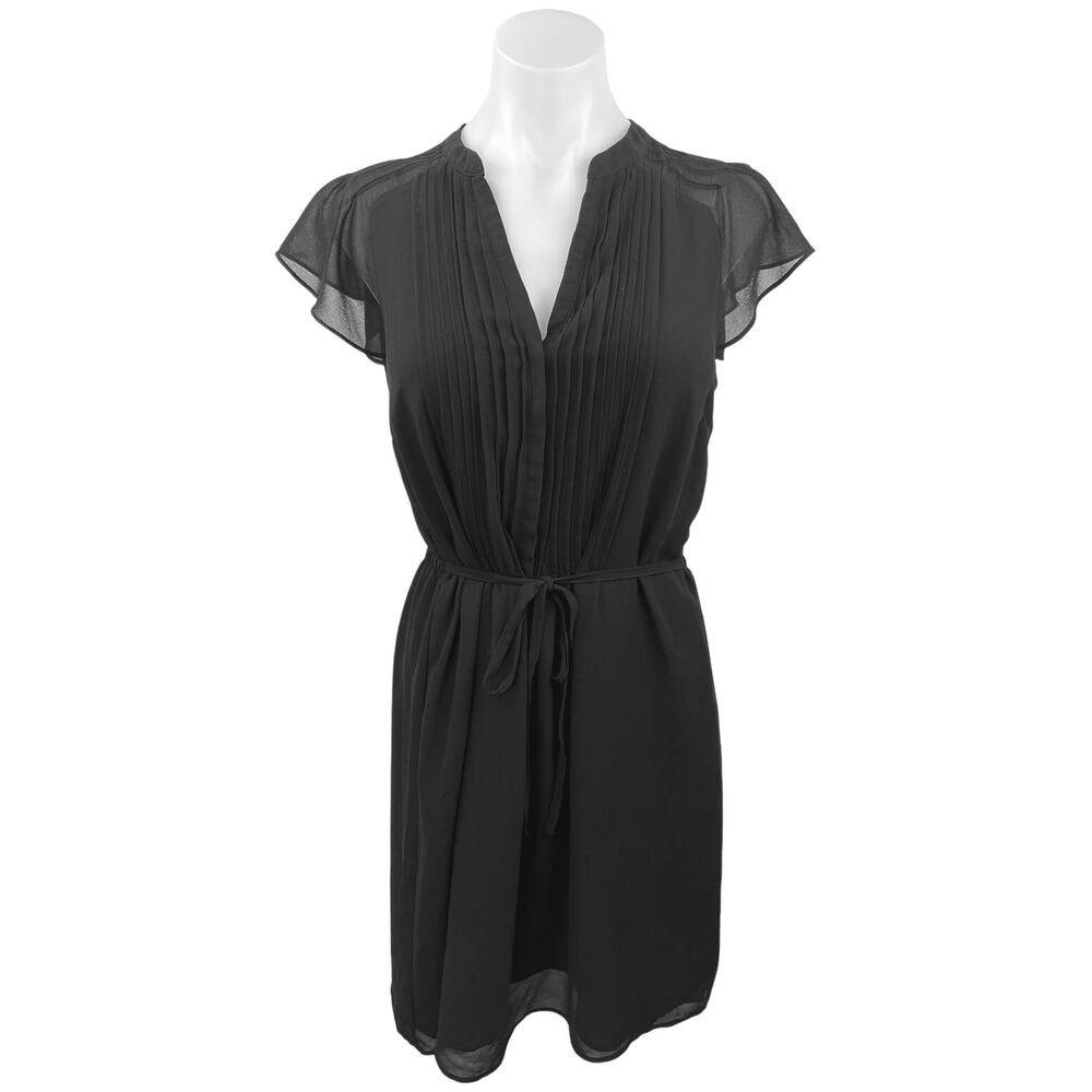H&M Women's Black V-Neck Short Cap Sleeve Tie Waist A-Line Midi Dress Size 6